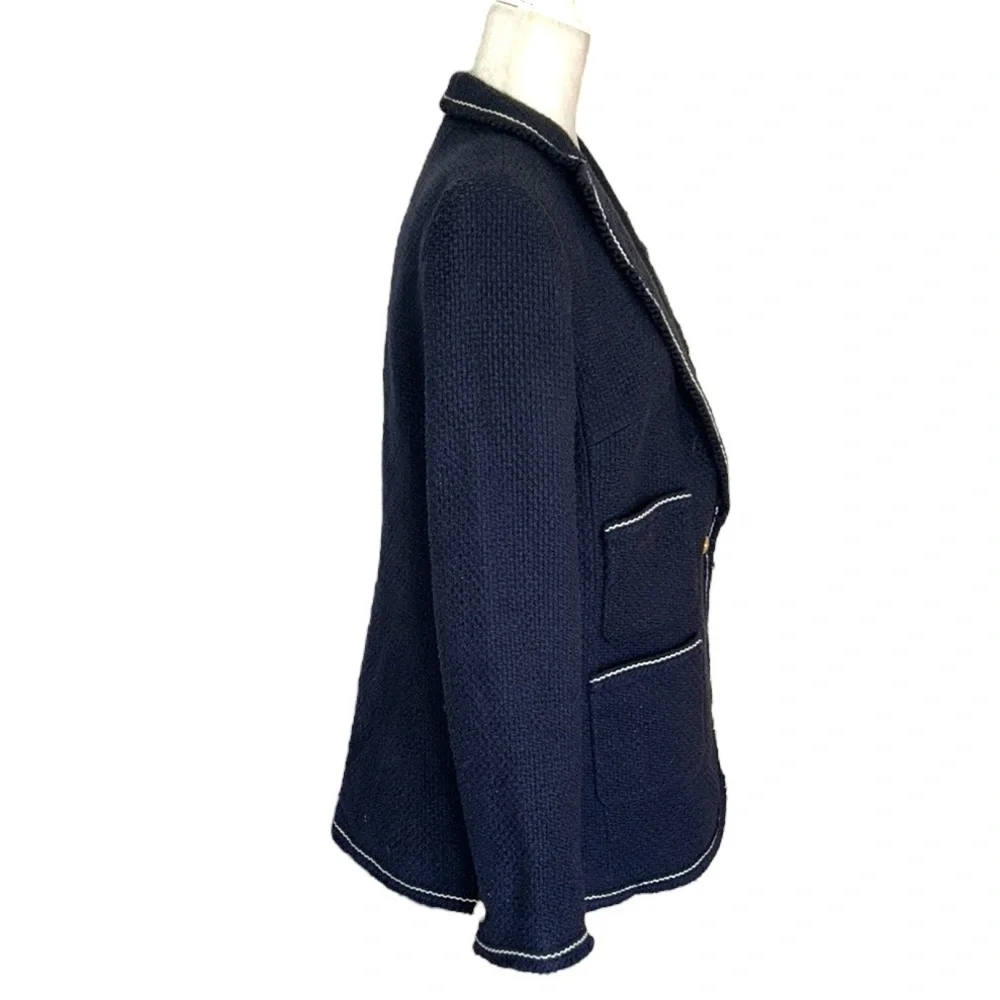 Talbots Navy Blue & White Tweed Gold Crested Button Blazer - 6 - Picture 6 of 14